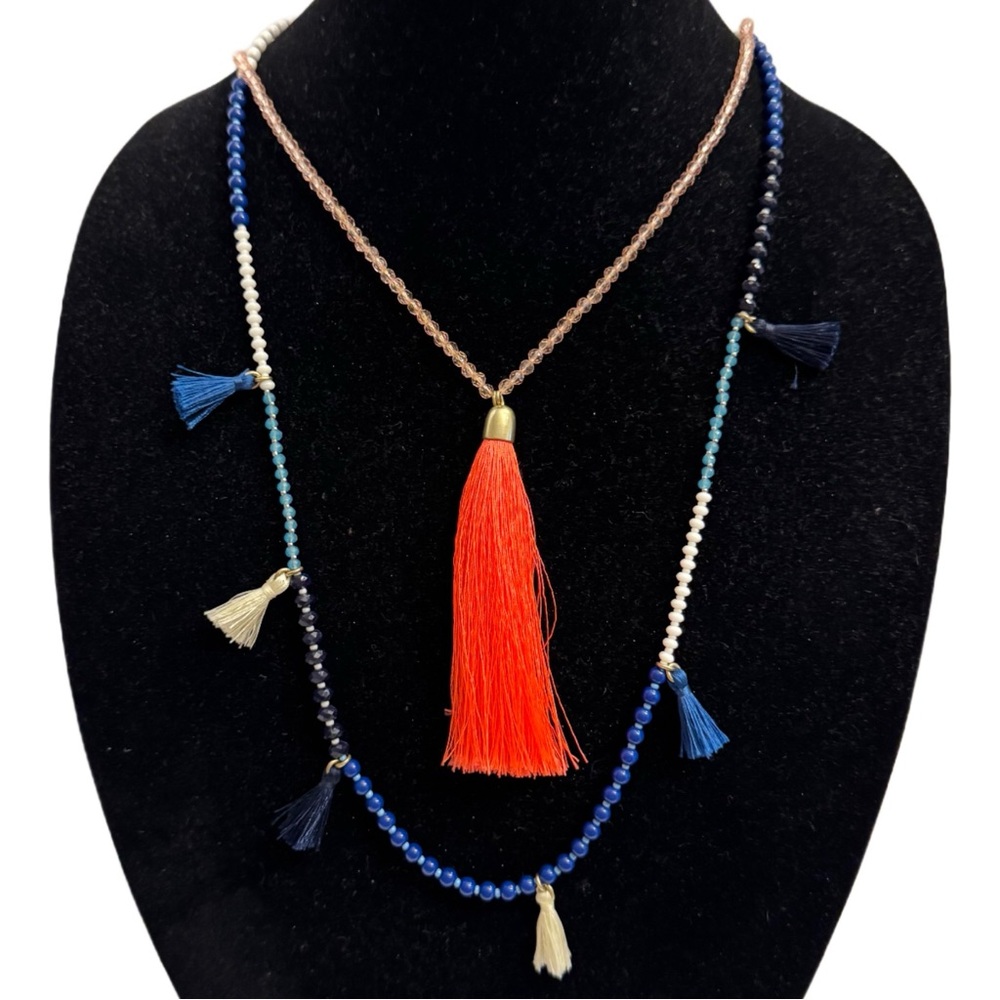 Lot of 2 J. CREW Beaded Tassel Pendant Necklace Thread Orange Deep Blue Jewelry